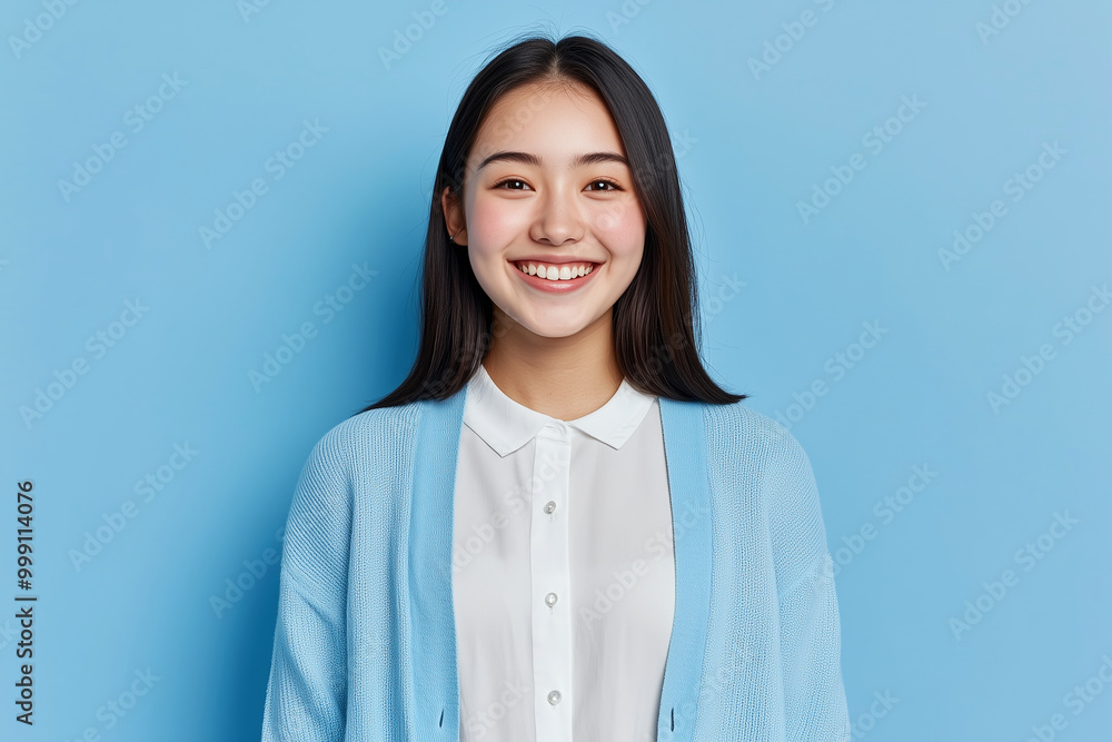 Portrait of a happy young Asian woman wearing a blue cardigan and white blouse Portrait of a happy young Asian woman wearing a blue cardigan and white blouse