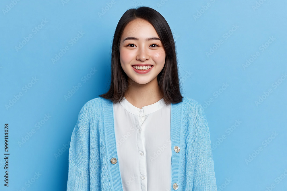 Portrait of a happy young Asian woman wearing a blue cardigan and white blouse Portrait of a happy young Asian woman wearing a blue cardigan and white blouse