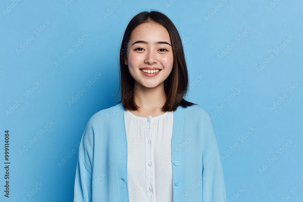 Portrait of a happy young Asian woman wearing a blue cardigan and white blouse Portrait of a happy young Asian woman wearing a blue cardigan and white blouse