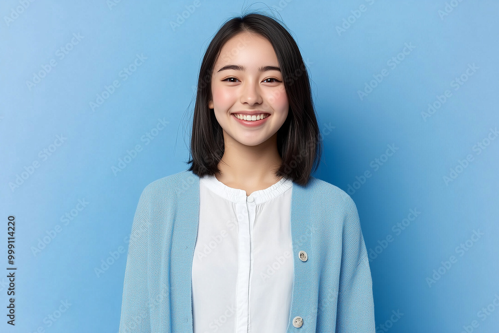 Portrait of a happy young Asian woman wearing a blue cardigan and white blouse Portrait of a happy young Asian woman wearing a blue cardigan and white blouse