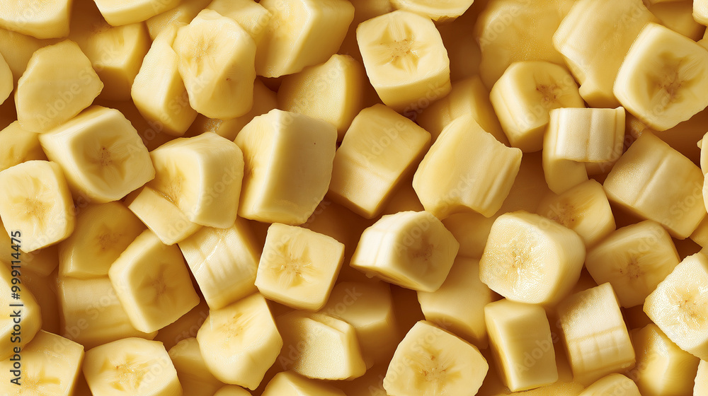 a close-up, top-down view of diced bananas spread across the entire frame, filling the image with their soft yellow color and smooth texture in uniform cubes a close-up, top-down view of diced bananas spread across the entire frame, filling the image with their soft yellow color and smooth texture in uniform cubes