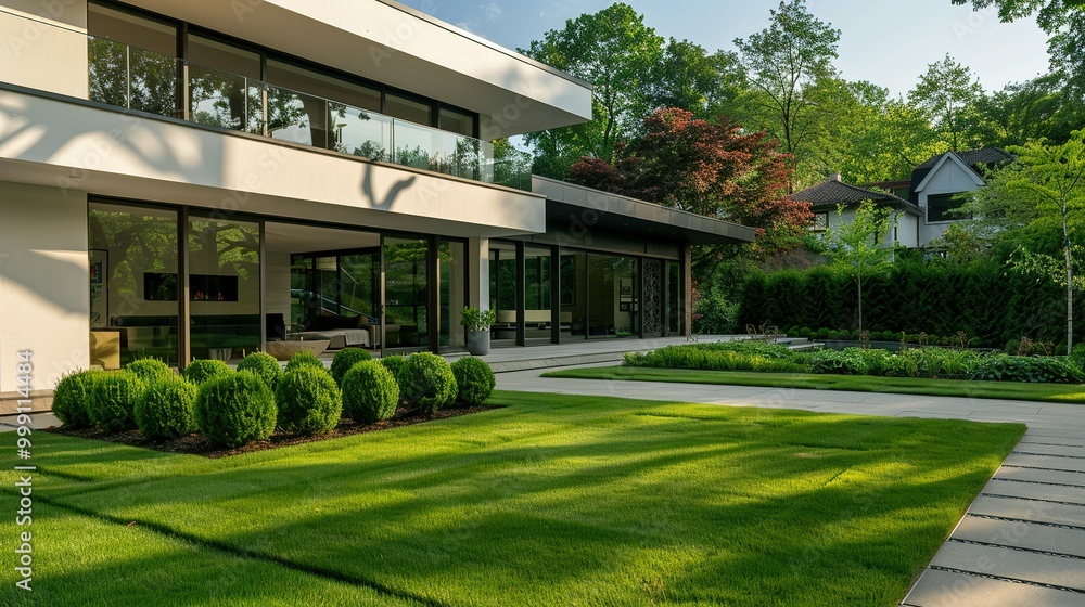Modern House with Large Glass Windows and Green Lawn Modern House with Large Glass Windows and Green Lawn