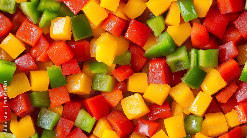 a close-up, top-down view of diced bell peppers spread across the entire frame, filling the image with vibrant red, yellow, and green colors in uniform cubes a close-up, top-down view of diced bell peppers spread across the entire frame, filling the image with vibrant red, yellow, and green colors in uniform cubes