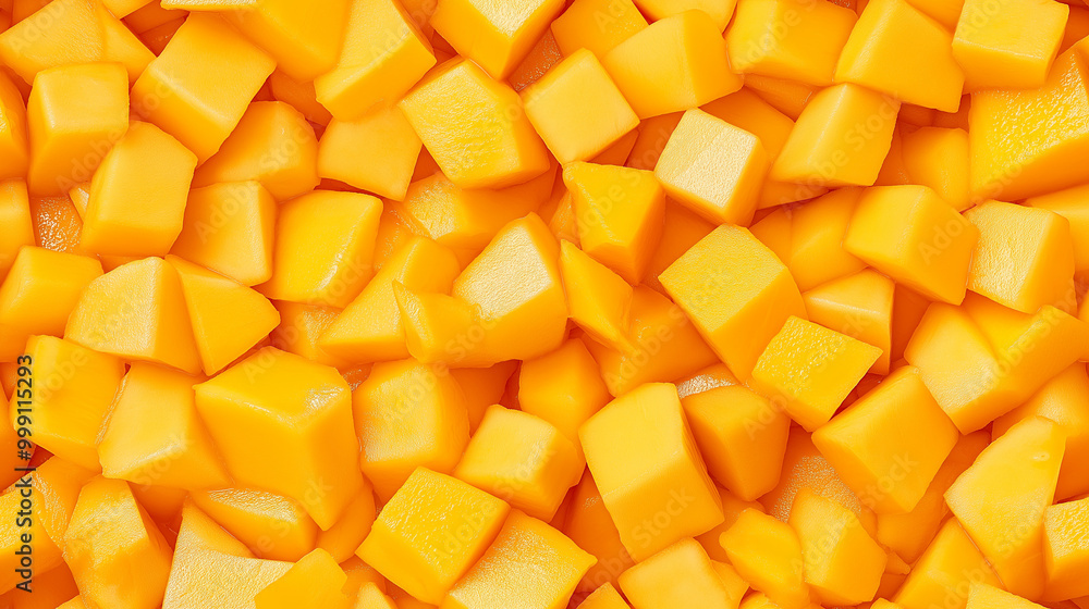 a close-up, top-down view of diced mangoes spread across the entire frame, filling the image with their vibrant orange-yellow color and smooth texture in uniform cubes a close-up, top-down view of diced mangoes spread across the entire frame, filling the image with their vibrant orange-yellow color and smooth texture in uniform cubes