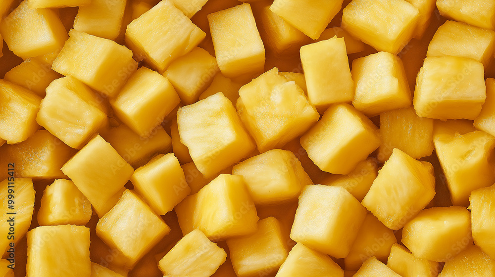 a close-up, top-down view of diced pineapples spread across the entire frame, filling the image with their bright yellow color and fibrous texture in uniform cubes a close-up, top-down view of diced pineapples spread across the entire frame, filling the image with their bright yellow color and fibrous texture in uniform cubes