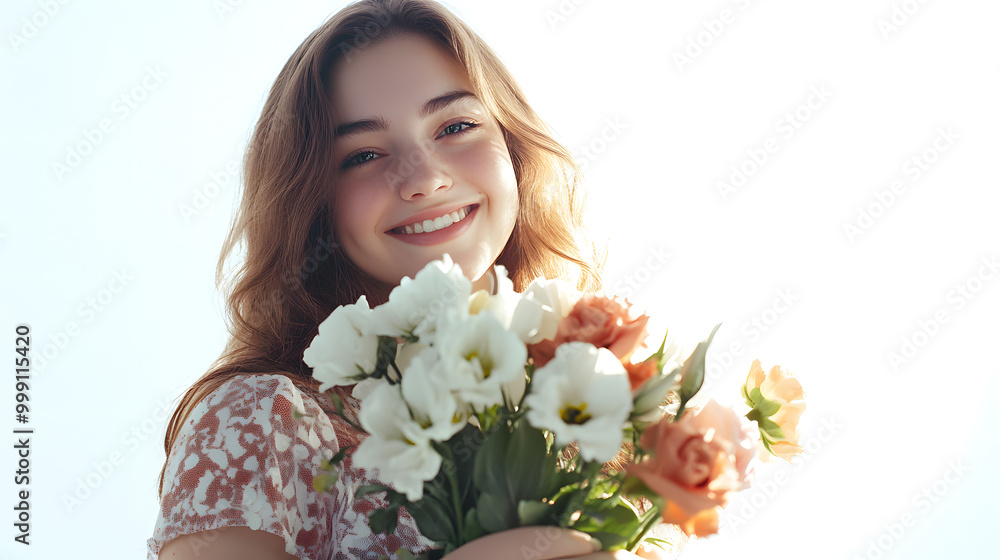 Woman Smiling with Bouquet of Flowers on White Background Woman Smiling with Bouquet of Flowers on White Background