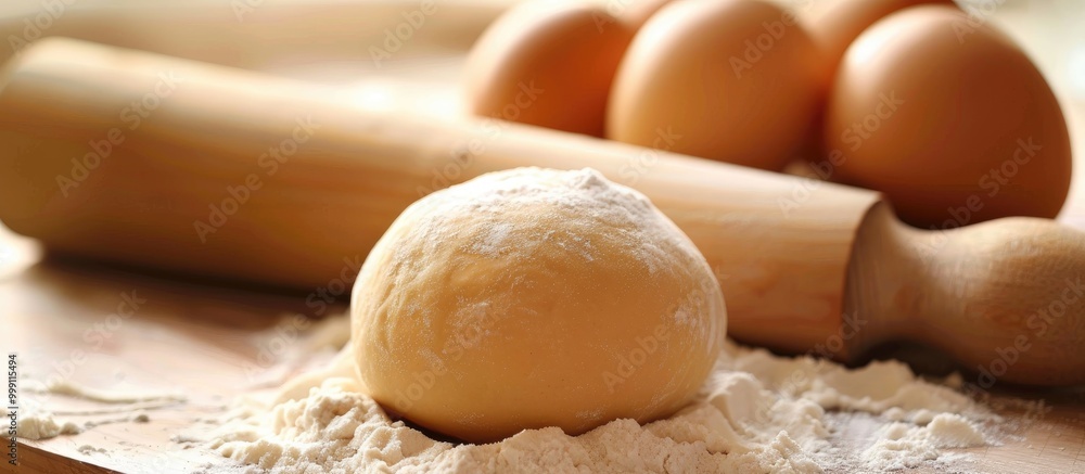 Fresh Raw Dough Ball Eggs And Wooden Rolling Pin Fresh Raw Dough Ball Eggs And Wooden Rolling Pin