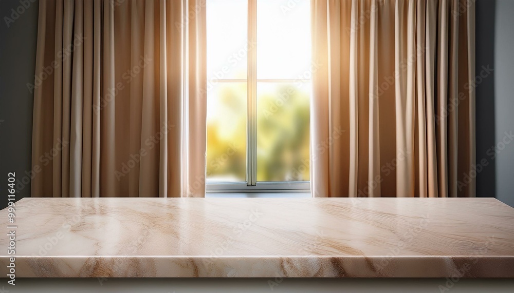 Beige marble table top on window background with curtains in kitchen. Concrete empty countertop for beauty products and food presentation. Stand with sunlight. room with window