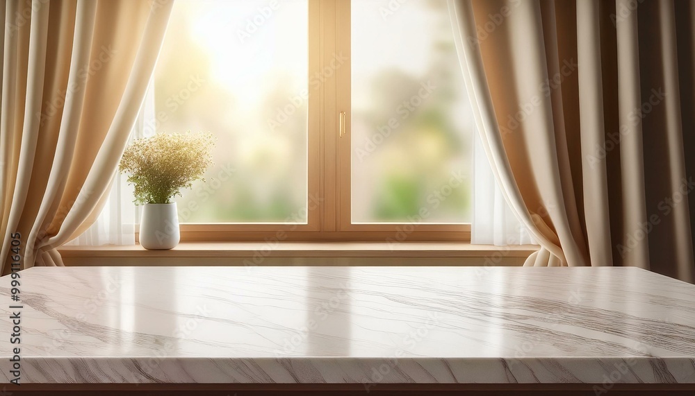Beige marble table top on window background with curtains in kitchen. Concrete empty countertop for beauty products and food presentation. Stand with sunlight. room with window Beige marble table top on window background with curtains in kitchen. Concrete empty countertop for beauty products and food presentation. Stand with sunlight. room with window