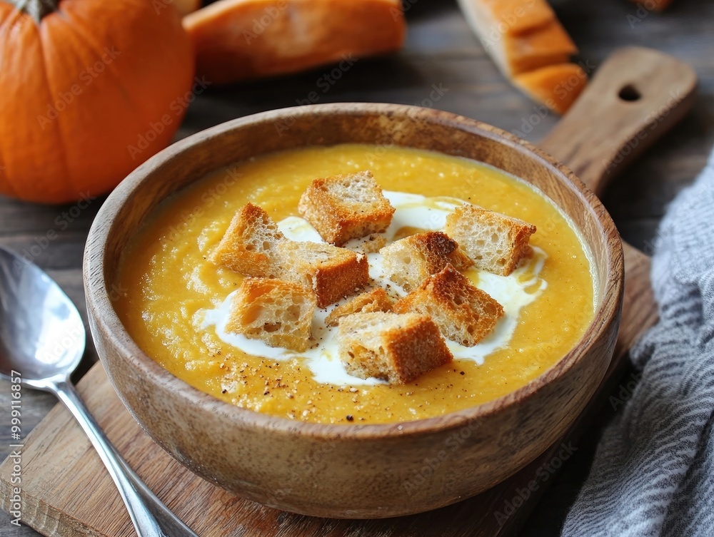 Pumpkin soup with cream and croutons on a cutting board with a spoon and napkin High quality image Pumpkin soup with cream and croutons on a cutting board with a spoon and napkin High quality image