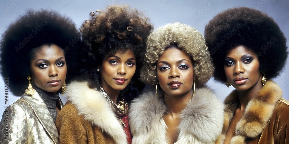 four women from the 80s with afro hair and fur coat
four women from the 80s with afro hair and fur coat