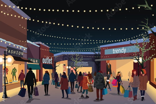 People Shopping at Night at an Outdoor Mall Vector Illustration