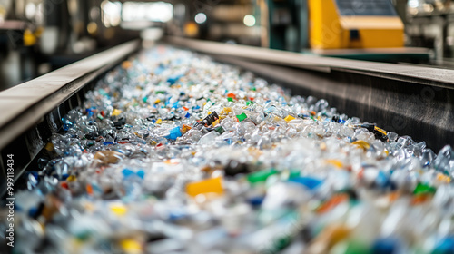 Zbliżenie na nowoczesną maszynę recyklingową, która sprawnie sortuje plastikowe odpady.  photo