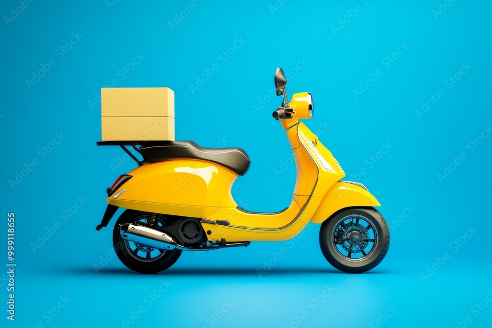 A vibrant yellow scooter parked with delivery boxes against a bright blue backdrop showcasing modern urban logistics A vibrant yellow scooter parked with delivery boxes against a bright blue backdrop showcasing modern urban logistics