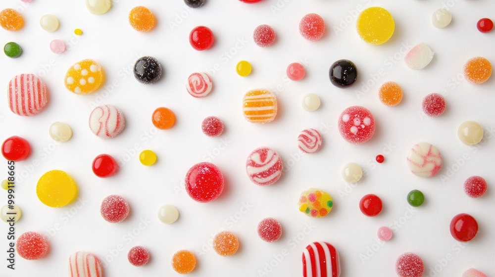 Colorful candies arranged on a white background