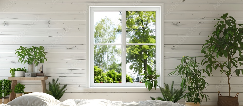 White wooden window, interior of modern country house, green trees outside, cozy bedroom with plants. White wooden window, interior of modern country house, green trees outside, cozy bedroom with plants.