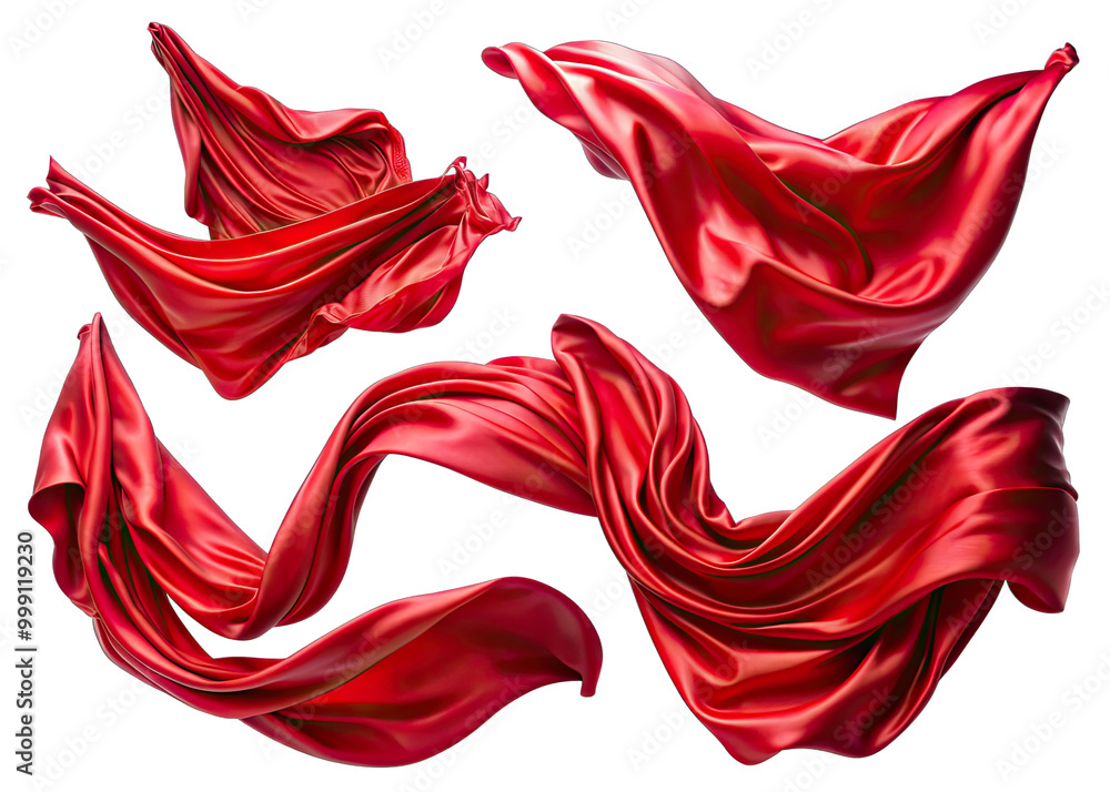 Four pieces of flowing, red satin fabric arranged in different poses against a white backdrop Four pieces of flowing, red satin fabric arranged in different poses against a white backdrop