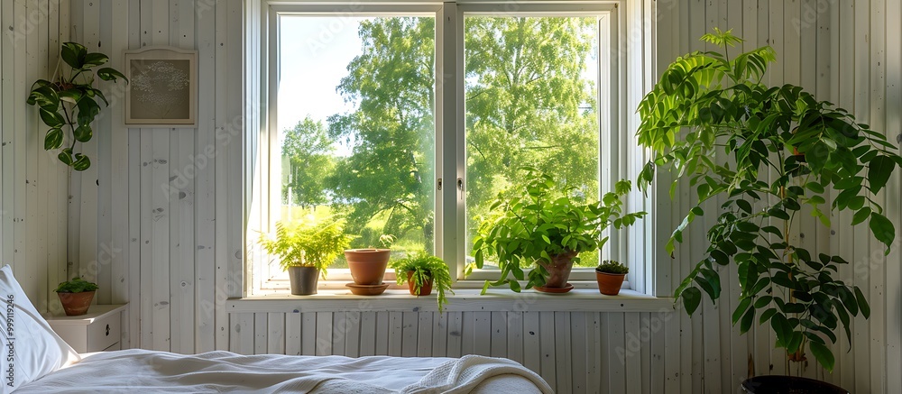 White wooden window, modern country house, panoramic view of green trees, bedroom with potted plants near bed.