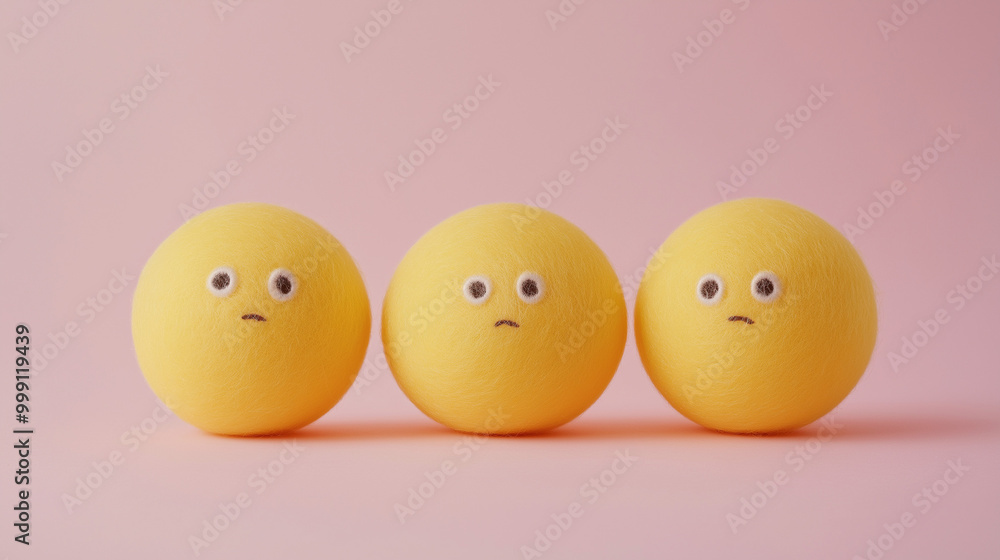 emotional, mood, apathy concept: three yellow balls with uninterested, blank faces arranged in a disjointed, slightly uneven pattern against an isolated soft pink background emotional, mood, apathy concept: three yellow balls with uninterested, blank faces arranged in a disjointed, slightly uneven pattern against an isolated soft pink background