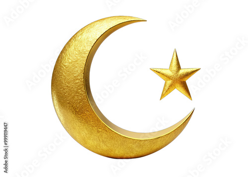 A golden crescent moon with a five-pointed star beside it, isolated against a white background
