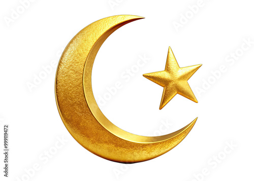A gold crescent moon with a gold star positioned to its right against a white background