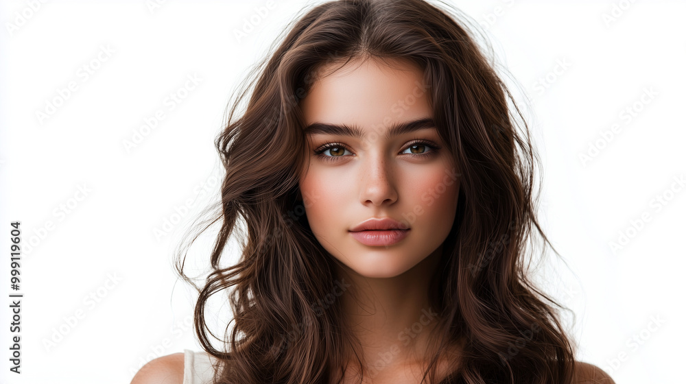 Naklejka premium Młoda kobieta z długimi, falującymi włosami, które swobodnie opadają na ramiona. 