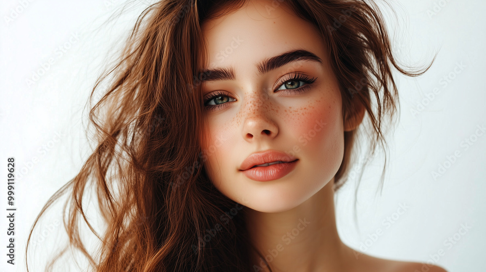 Fototapeta premium Młoda kobieta z długimi, falującymi włosami, które swobodnie opadają na ramiona.