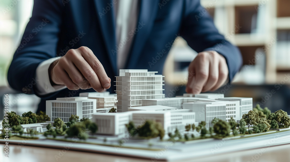 Architekt pokazujący szczegółowy model nowego kompleksu biurowego, symbolizujący rozwój i inwestycję w nieruchomości komercyjne. Architekt pokazujący szczegółowy model nowego kompleksu biurowego, symbolizujący rozwój i inwestycję w nieruchomości komercyjne.