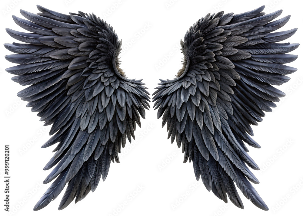 A pair of long, extended black angel wings, separated at the scale, are isolated against a white background A pair of long, extended black angel wings, separated at the scale, are isolated against a white background