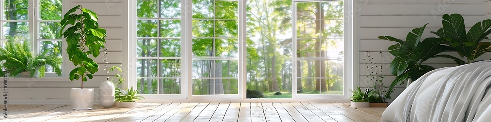 Naklejka premium White wooden window with glass panes, modern country house, green trees outside, bedroom with plants.