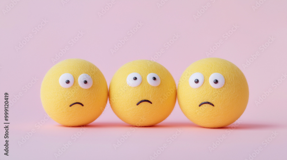 emotional, mood, fear concept: three yellow balls with wide, fearful eyes and frowning faces arranged in a huddled, nervous pattern against an isolated soft pink background emotional, mood, fear concept: three yellow balls with wide, fearful eyes and frowning faces arranged in a huddled, nervous pattern against an isolated soft pink background