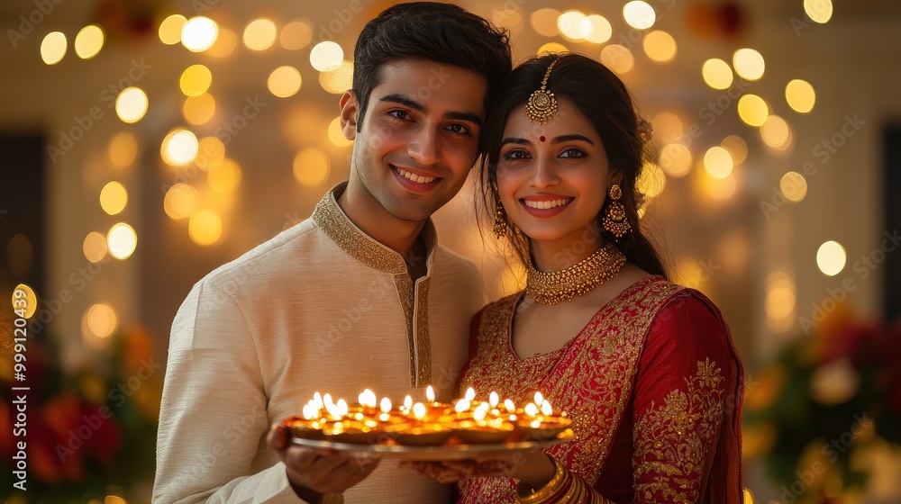 Smiling traditional Indian couple holding lit candles to celebrate Diwali festival Smiling traditional Indian couple holding lit candles to celebrate Diwali festival