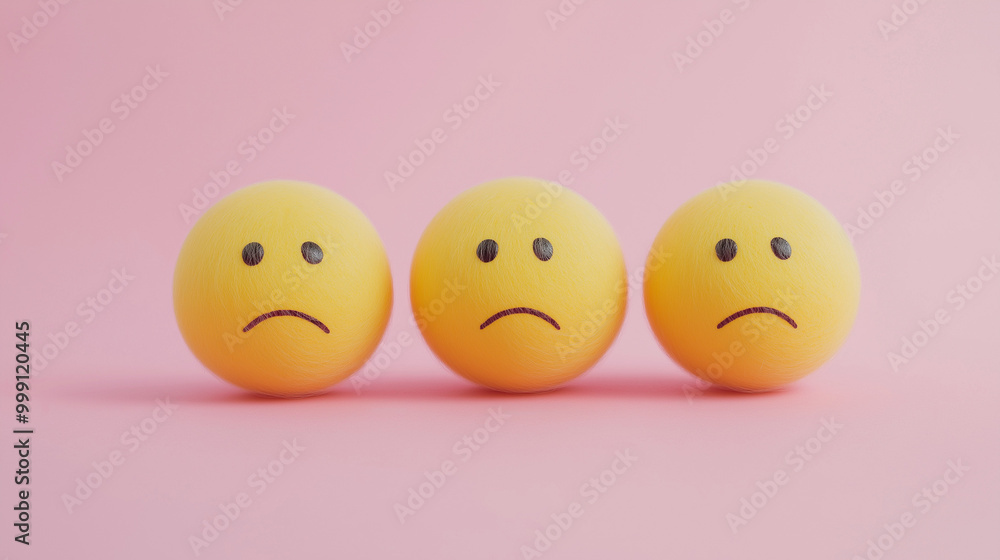 emotional, mood, feeling down concept: three yellow balls with drooping eyes and sad faces arranged in a slightly slumped, distanced pattern against an isolated soft pink background emotional, mood, feeling down concept: three yellow balls with drooping eyes and sad faces arranged in a slightly slumped, distanced pattern against an isolated soft pink background