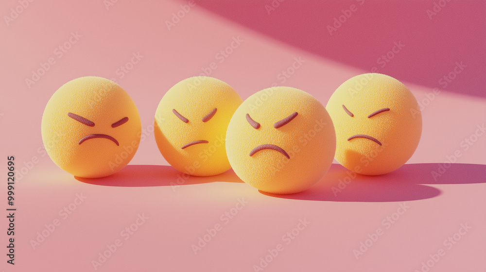 emotional, mood, grumpy concept: three yellow balls with frowning, irritated faces arranged in a tight, slightly overlapping pattern against an isolated soft pink background emotional, mood, grumpy concept: three yellow balls with frowning, irritated faces arranged in a tight, slightly overlapping pattern against an isolated soft pink background
