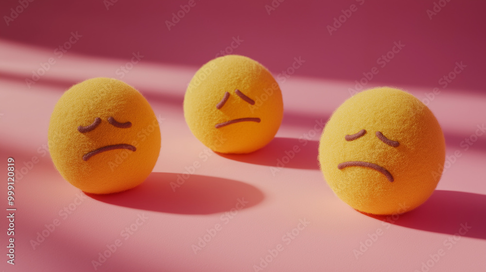 emotional, mood, grumpy concept: three yellow balls with frowning, irritated faces arranged in a tight, slightly overlapping pattern against an isolated soft pink background emotional, mood, grumpy concept: three yellow balls with frowning, irritated faces arranged in a tight, slightly overlapping pattern against an isolated soft pink background