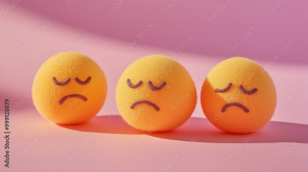 emotional, mood, grumpy concept: three yellow balls with frowning, irritated faces arranged in a tight, slightly overlapping pattern against an isolated soft pink background emotional, mood, grumpy concept: three yellow balls with frowning, irritated faces arranged in a tight, slightly overlapping pattern against an isolated soft pink background