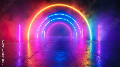 A neon rainbow arch lights up the stage with vibrant colors