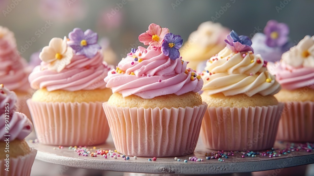 Closeup of delightful display of cupcakes with colorful frosting and sprinkles Closeup of delightful display of cupcakes with colorful frosting and sprinkles