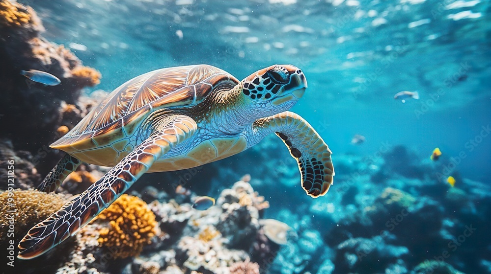 Obraz premium Closeup of a green sea turtle swimming underwater under the lights cool for nature concepts