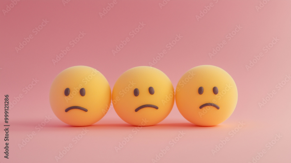 emotional, mood, melancholy concept: three yellow balls with sad, downcast expressions arranged in a loose, slumped pattern against an isolated soft pink background emotional, mood, melancholy concept: three yellow balls with sad, downcast expressions arranged in a loose, slumped pattern against an isolated soft pink background