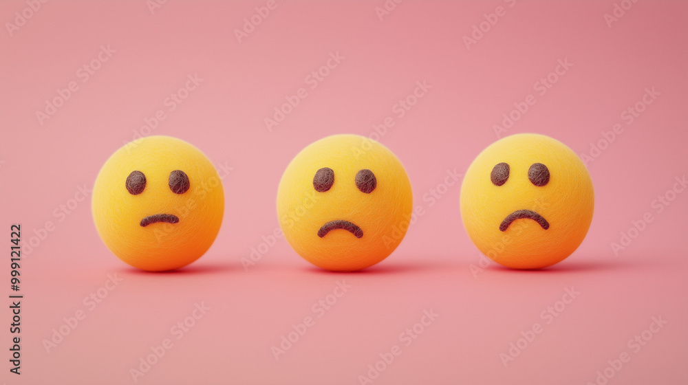emotional, mood, pondering concept: three yellow balls with thoughtful expressions emotional, mood, pondering concept: three yellow balls with thoughtful expressions