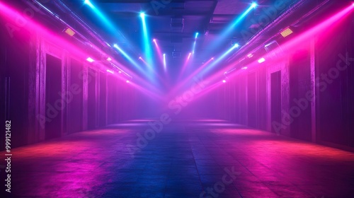 Neon Lights and Colorful Laser Beams Illuminate a Vibrant Nightclub Stage