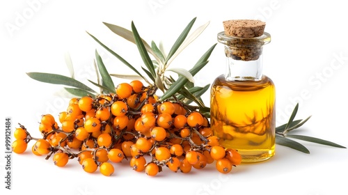 Isolated white background with sea buckthorn berries and oil bottle 