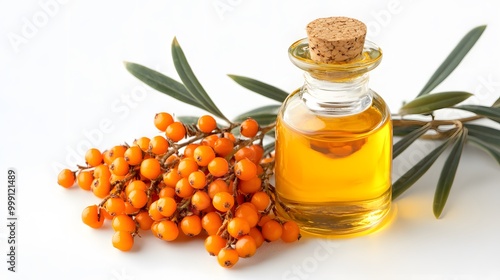 Isolated white background with sea buckthorn berries and oil bottle 