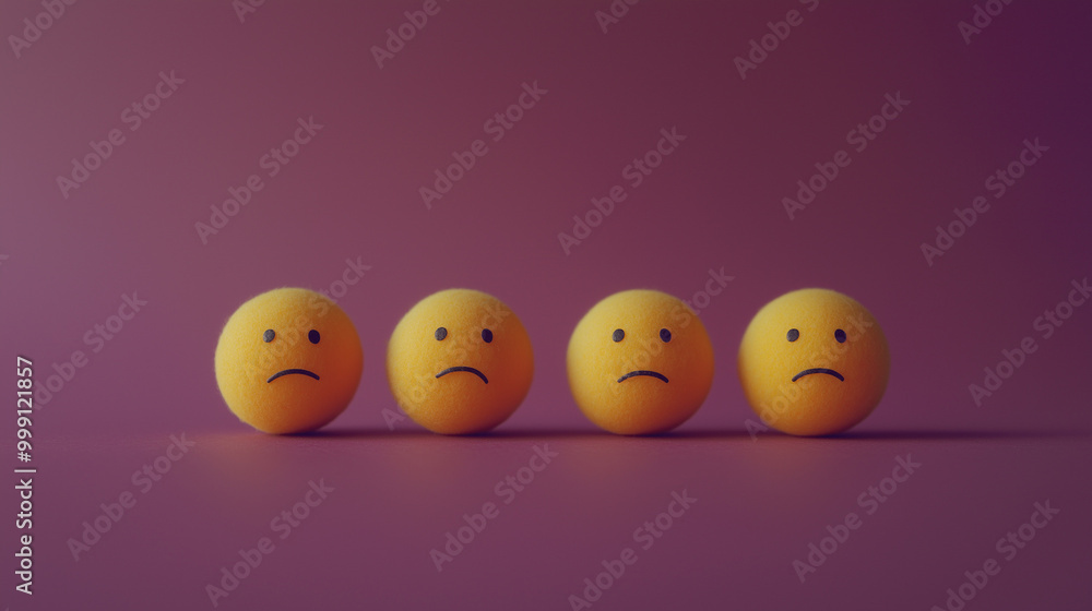 emotional, mood, sadness concept: three yellow balls with sad faces arranged in a slightly slumped pattern against an isolated dusty plum background emotional, mood, sadness concept: three yellow balls with sad faces arranged in a slightly slumped pattern against an isolated dusty plum background