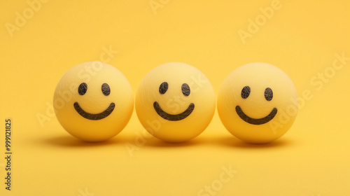 emotional, mood, positive emotion concept: three yellow balls with smiley faces arranged in a triangle pattern against an isolated soft yellow background