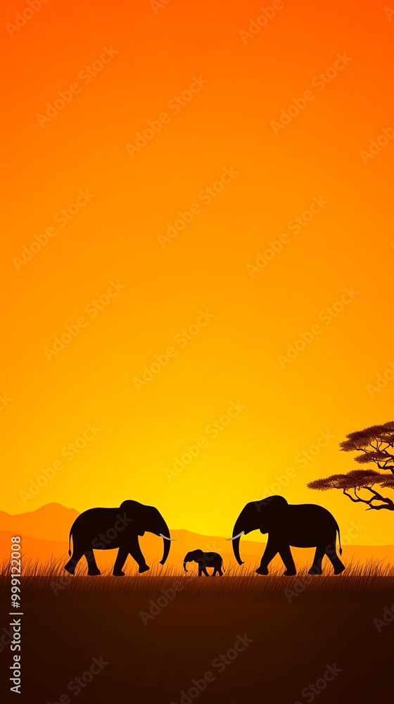 Fototapeta premium Elephants walking across the savannah flat design, side view, safari theme, animation, Complementary Color Scheme