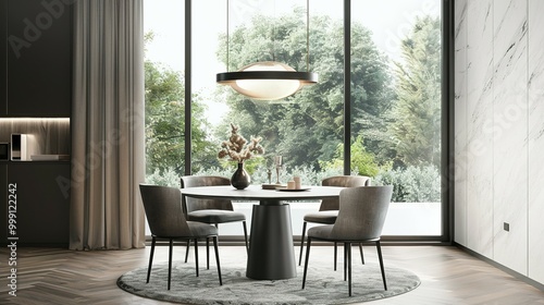 Modern Dining Room with Round Table and Grey Chairs