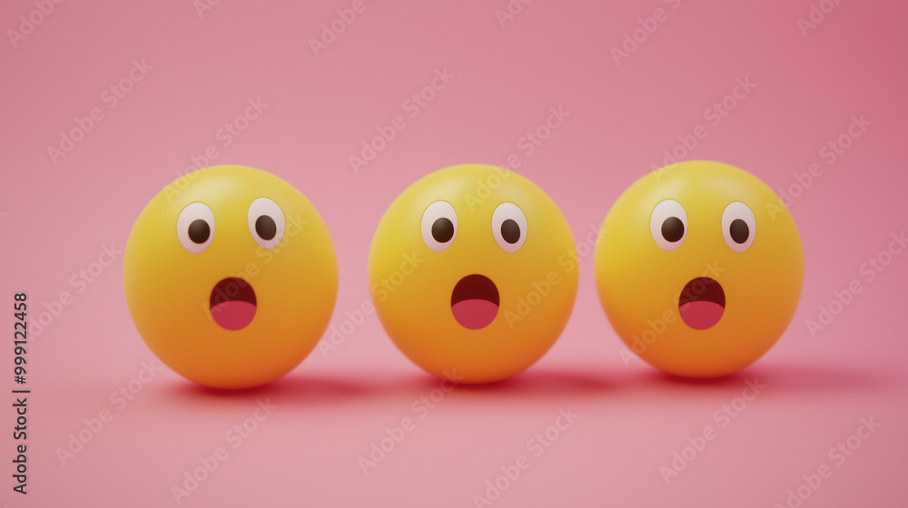 emotional, mood, surprise concept: three yellow balls with surprised faces arranged in a scattered, dynamic pattern against an isolated soft mauvesoft pink background emotional, mood, surprise concept: three yellow balls with surprised faces arranged in a scattered, dynamic pattern against an isolated soft mauvesoft pink background