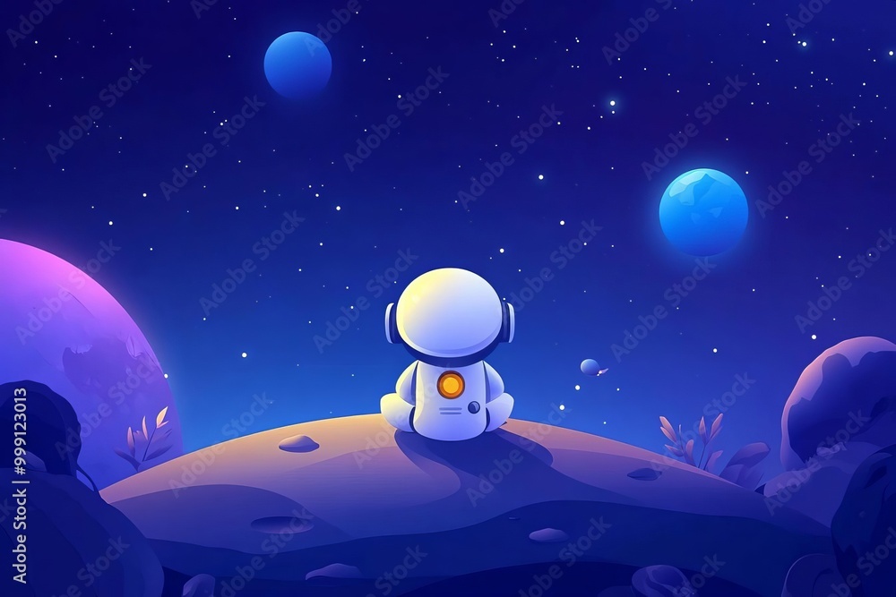 Naklejka premium Robot exploring a distant planet flat design, top view, scifi expedition theme, cartoon drawing, vivid